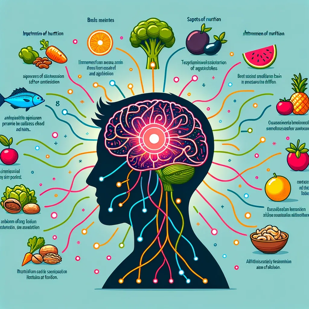 Векторна илюстрация: Силует на човек със светещ мозък е свързан с цветни линии с различни видове храни като риба, зеленчуци, плодове и ядки. На всеки хранителен продукт има етикет, който обяснява как той подпомага мозъчните функции. В долната част на изображението текст показва връзката между храненето и подобряването на симптомите на дефицит на вниманието.