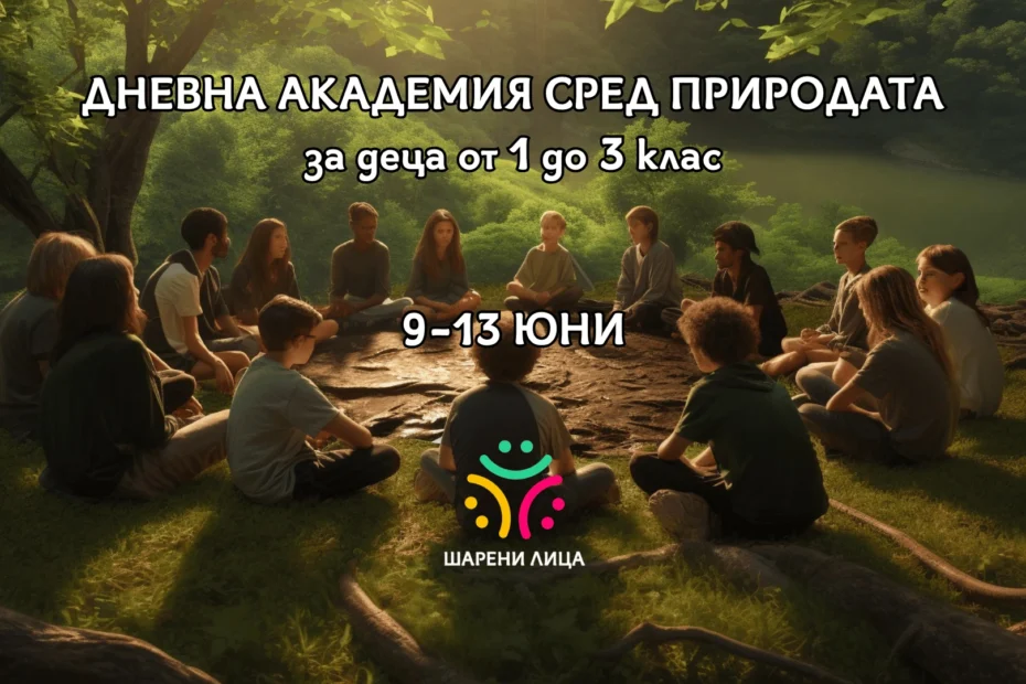 Картинка рекламираща дневна академи за деца. На картинката петнайдесетина деца са седнали в кръг сред природата и и проеждат неформално обучение.