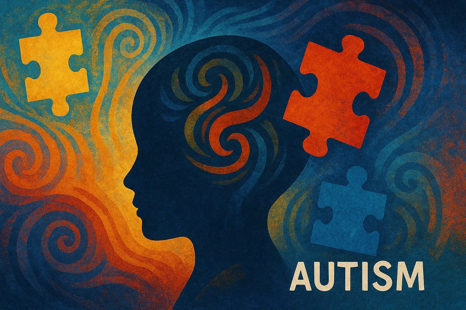 Абстрактна илюстрация, изобразяваща силует на детска глава със спираловидни шарки, заобиколена от цветни пъзелни елементи в синьо, оранжево и жълто, символизираща аутизма