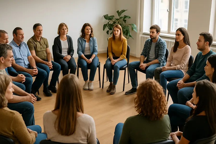 Група от родители, седнали в кръг в светла стая, участват в дискусия като част от срещи за родители на деца, които учат по различен начин.