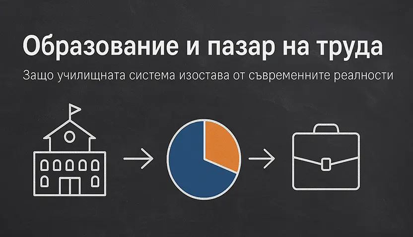 Образование и пазар на труда: защо училищната система изостава от съвременните реалности 4 Цифрова илюстрация с черна дъска на заден фон и модерни образователни и трудови символи – книги, компютър, зъбни колела и графики, изобразяващи връзката между образование и пазар на труда