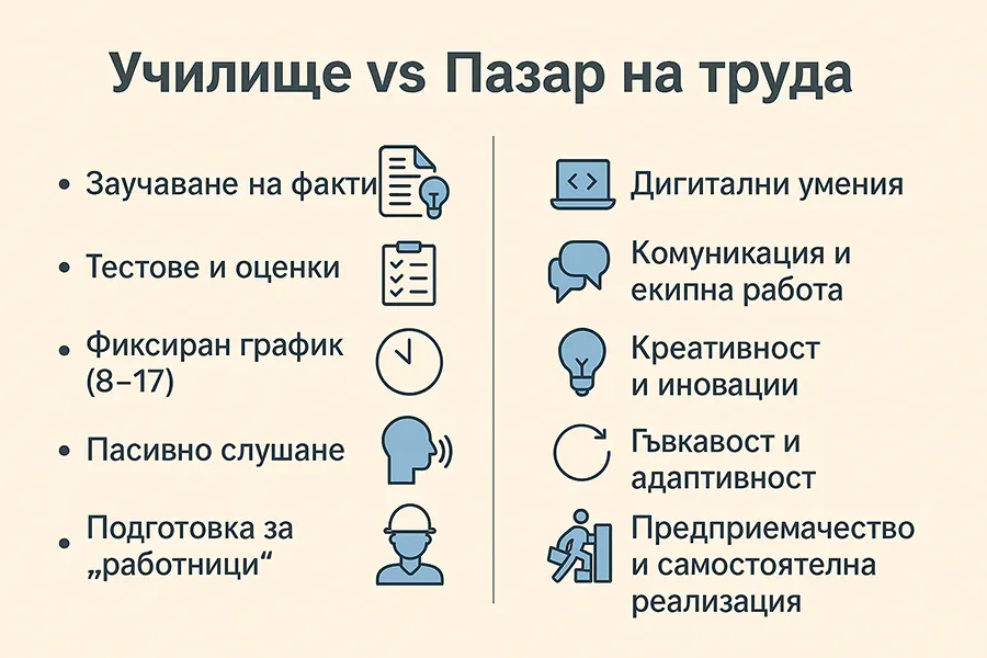 Инфографика на български език със заглавие „Училище vs Пазар на труда“. Лявата колона представя остарелия модел на училището – заучаване на факти, тестове и оценки, фиксиран график, пасивно слушане и подготовка за работници. Дясната колона показва съвременните нужди на пазара на труда – дигитални умения, комуникация и екипна работа, креативност и иновации, гъвкавост и адаптивност, предприемачество и самостоятелна реализация.