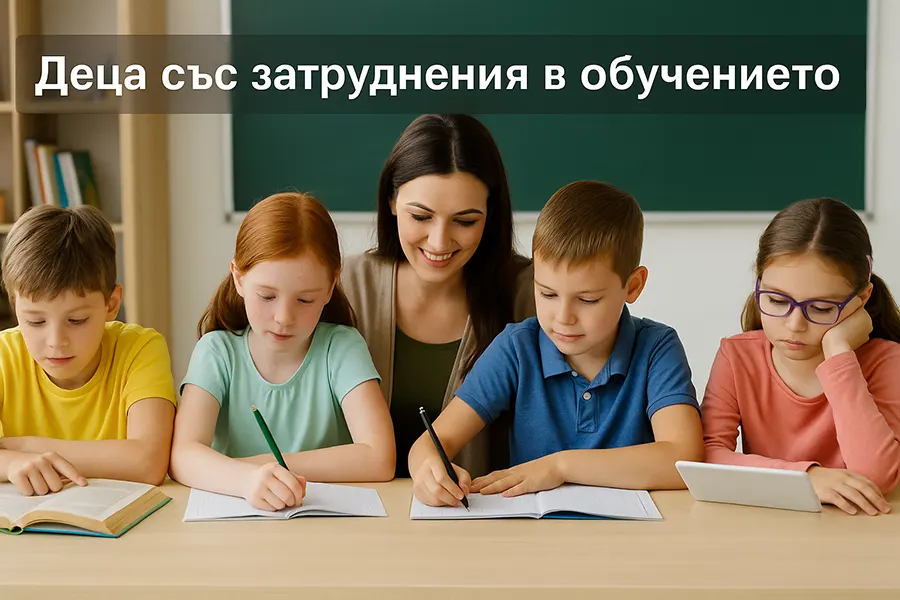 Учителка подпомага група деца със затруднения в обучението в класна стая – деца четат, пишат и работят с таблет около маса.