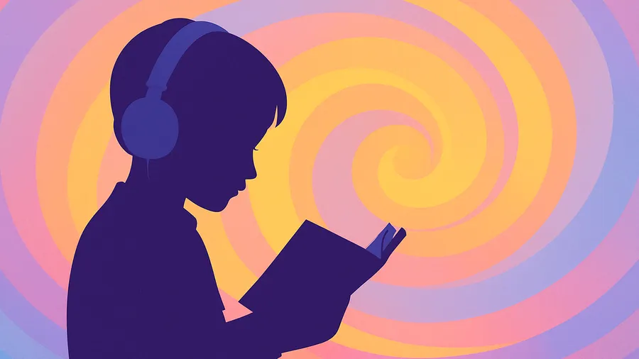 Силует на дете със слушалки, което чете книга, на фон от пастелни спираловидни линии.