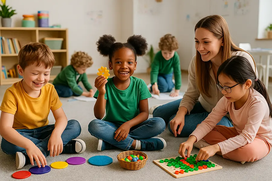 Вашето дете не е мързеливо. То се нуждае от различен подход към ученето. 1 Група деца, които учат на пода с учител, използвайки сензорни материали и игри за активно и преживелищно учене в светла и приятна класна стая.