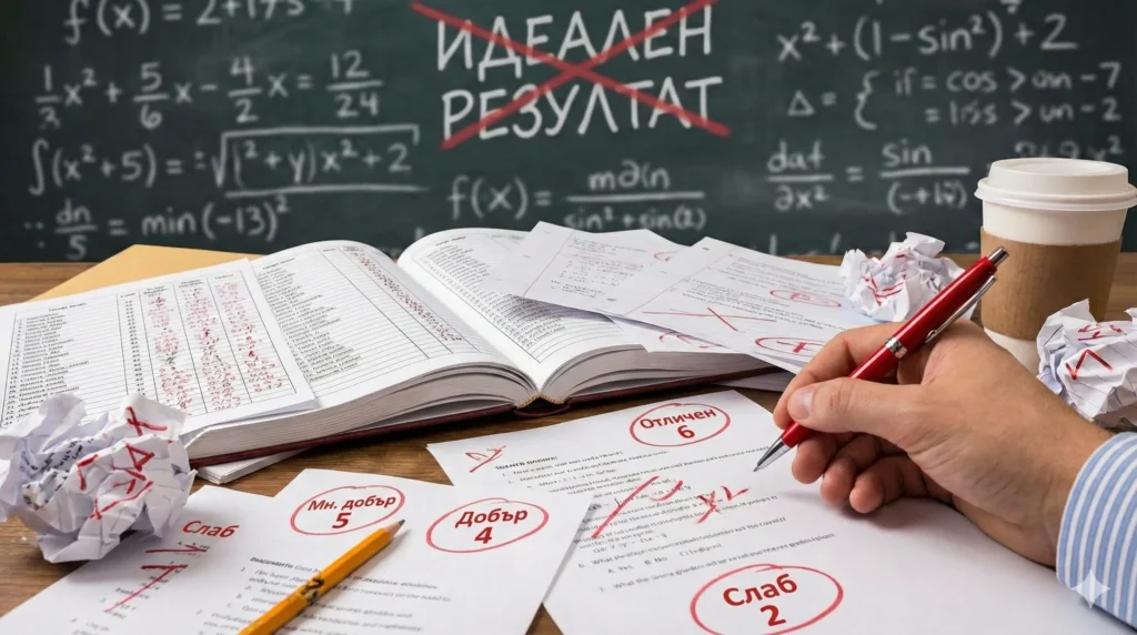 Оценка или присъда? Защо бележникът пречи на знанието (и как да го променим) 2 Илюстрация на проблема с оценките в училище – бюро с червен химикал, поправящ тестове, и черна дъска със задраскан идеален резултат. Хаотично учителско бюро, илюстриращо безумието на системата за оценяване. Ръка с червен химикал пише върху тестове с различни оценки.