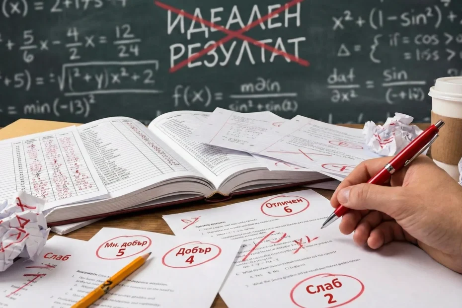 Оценка или присъда? Защо бележникът пречи на знанието (и как да го променим) 1 Илюстрация на проблема с оценките в училище – бюро с червен химикал, поправящ тестове, и черна дъска със задраскан идеален резултат. Хаотично учителско бюро, илюстриращо безумието на системата за оценяване. Ръка с червен химикал пише върху тестове с различни оценки.