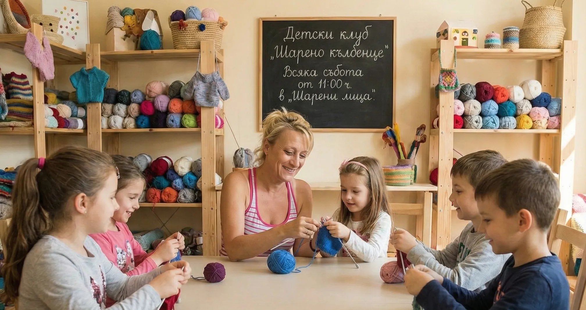 Усмихната жена (Петя) помага на малко момиче да плете, седнали на голяма маса, заобиколени от други деца на възраст между 7 и 12 години, които също държат прежда и игли. Обстановката е уютна и слънчева, а зад тях има дървени рафтове, пълни с разноцветни кълбета прежда. На стената виси черна дъска с надпис с тебешир: 'Детски клуб „Шарено кълбенце“, Всяка събота от 11:00 ч. в „Шарени лица“'.