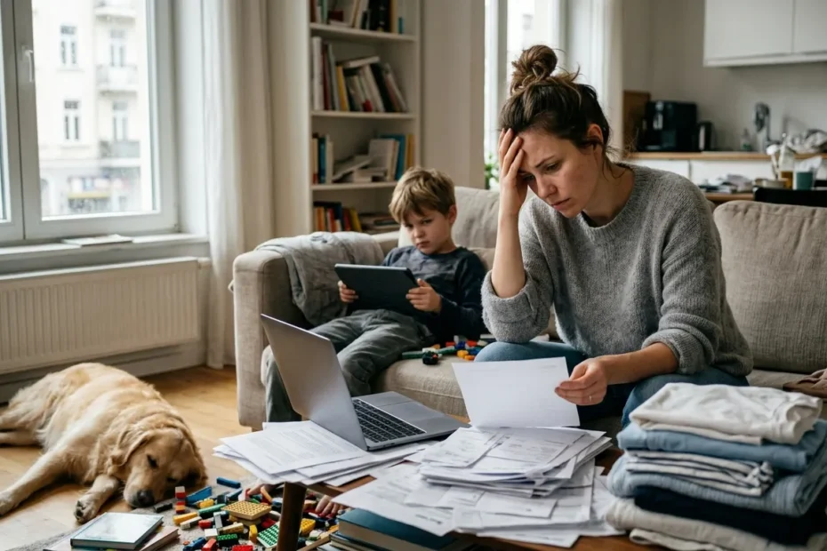 Изтощена майка и дете в хаотична стая, илюстриращи разликата между истински мързел, преумора и липса на мотивация.