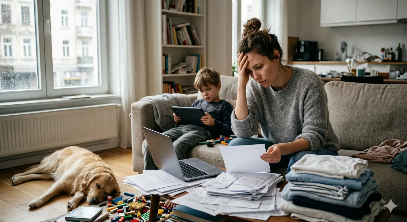 Изтощена майка и дете в хаотична стая, илюстриращи разликата между истински мързел, преумора и липса на мотивация.