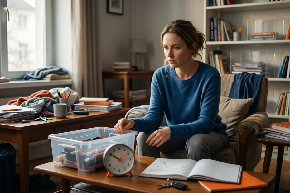 Снимка на замислена жена в синя плетена блуза, седнала в затрупан домашен офис или всекидневна. Пред нея, на холна маса, са подредени отворен празен бележник, оранжев будилник и прозрачна пластмасова кутия с материали за писане. Бюрото вляво е затрупано с документи и вещи, а зад нея има голяма, пълна библиотека. Композицията подчертава показва усещането на СДВХ и безпорядъка.