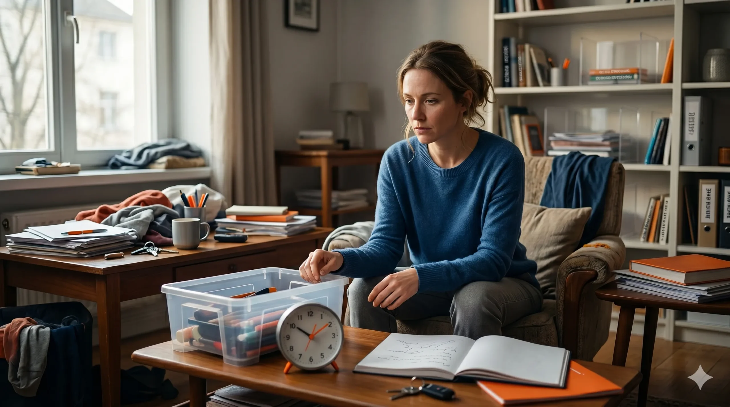 Снимка на замислена жена в синя плетена блуза, седнала в затрупан домашен офис или всекидневна. Пред нея, на холна маса, са подредени отворен празен бележник, оранжев будилник и прозрачна пластмасова кутия с материали за писане. Бюрото вляво е затрупано с документи и вещи, а зад нея има голяма, пълна библиотека. Композицията подчертава показва усещането на СДВХ и безпорядъка.