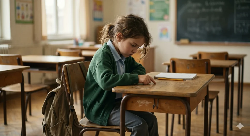 Тъжно и изолирано дете, седящо само на чин в класна стая, символизиращо емоционален стрес от скрита агресия от учители в образователната система.