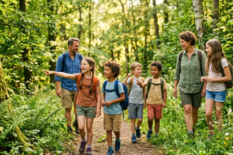 Деца с раници се разхождат в зелена гора с инструктори — лятна занималня в Русе сред природата