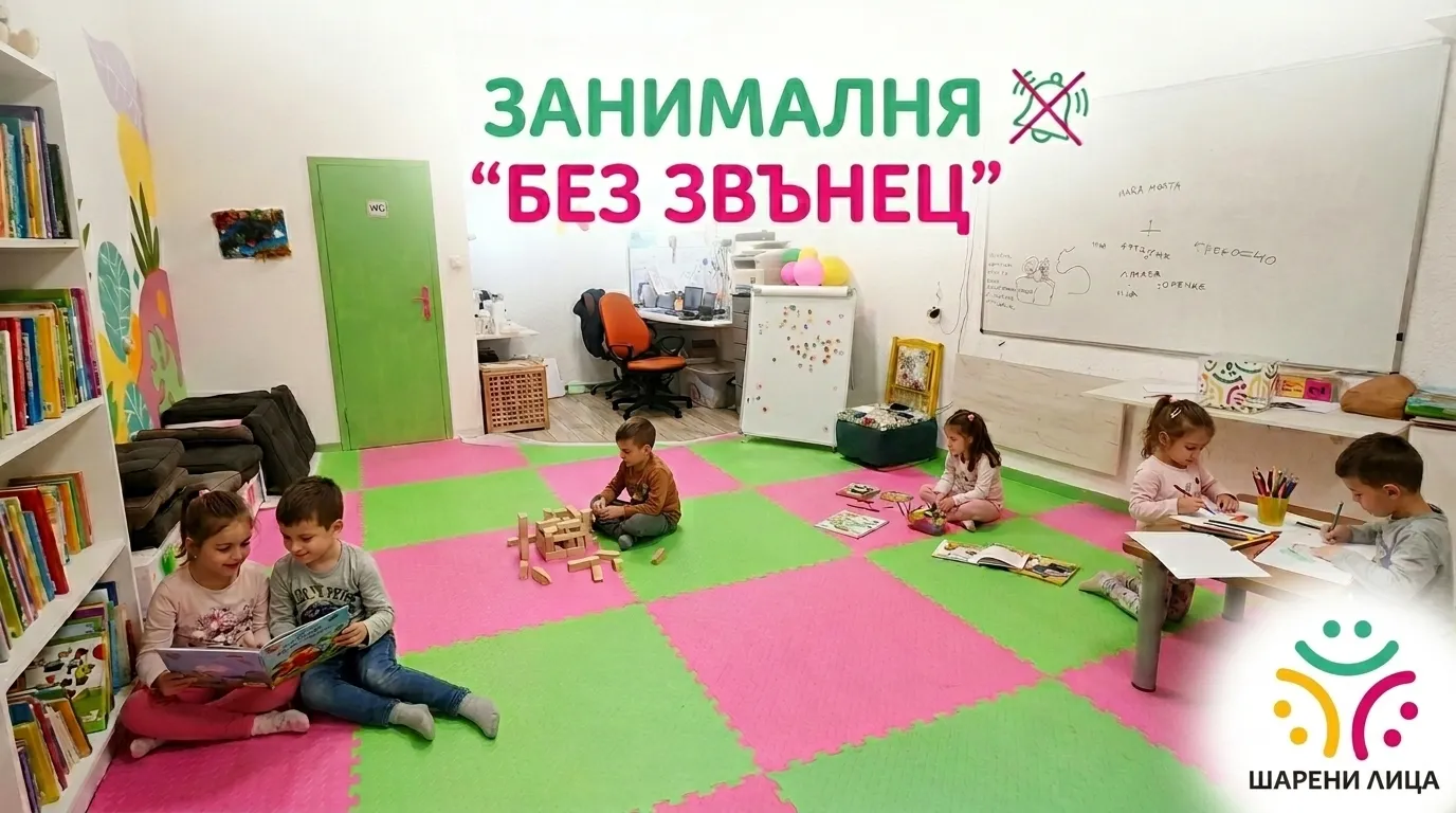 Рекламен банер на Занималня "Без звънец". В светла и цветна стая пет деца са увлечени в различни дейности – четат книжка, строят с дървени кубчета и рисуват. В горната част има надпис "ЗАНИМАЛНЯ БЕЗ ЗВЪНЕЦ" със символ на задраскан училищен звънец, а в долния десен ъгъл е логото на фондация "Шарени лица".